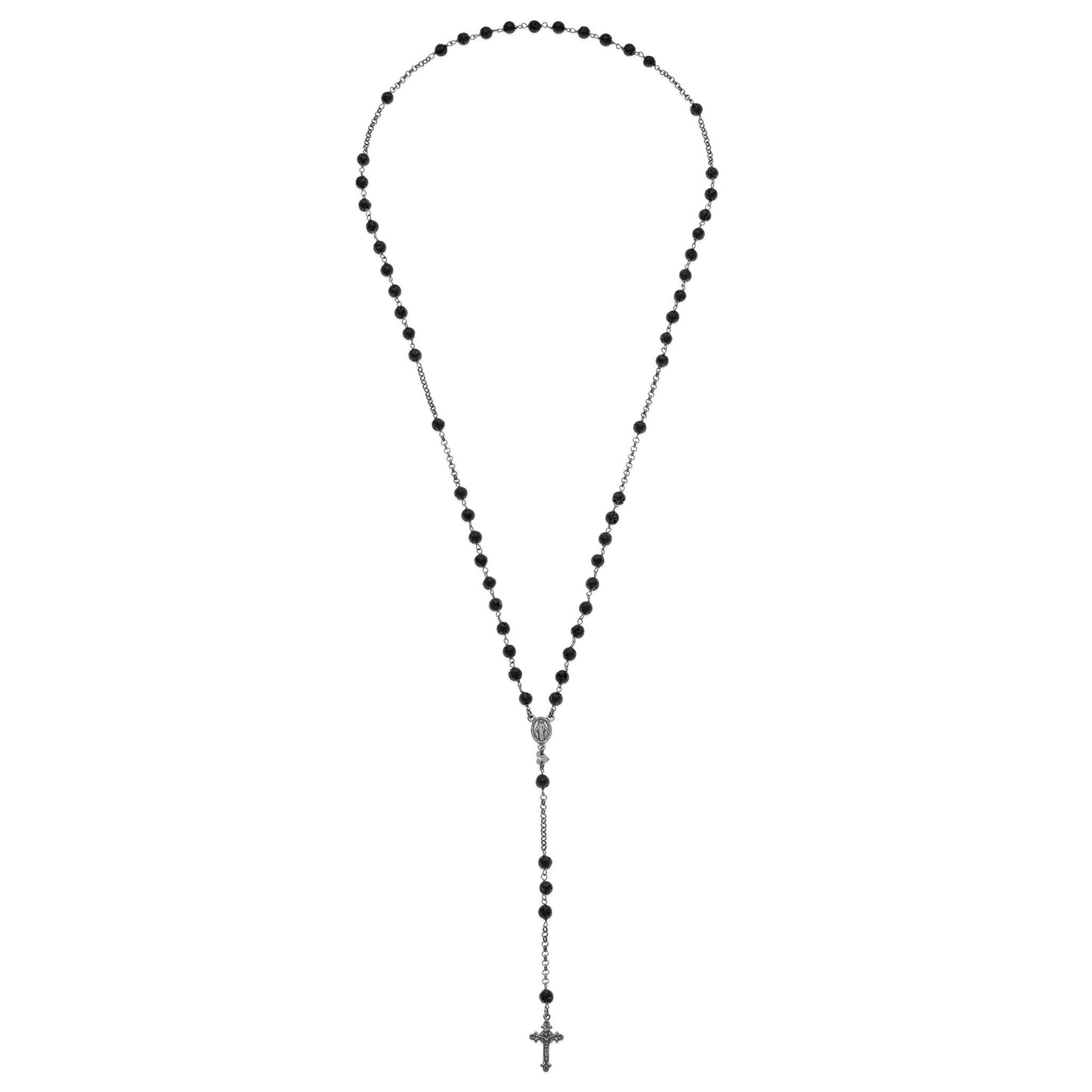 GREGORIO mens rosary necklace silver black stone beads #MS015CL - MARIA SALVADOR
